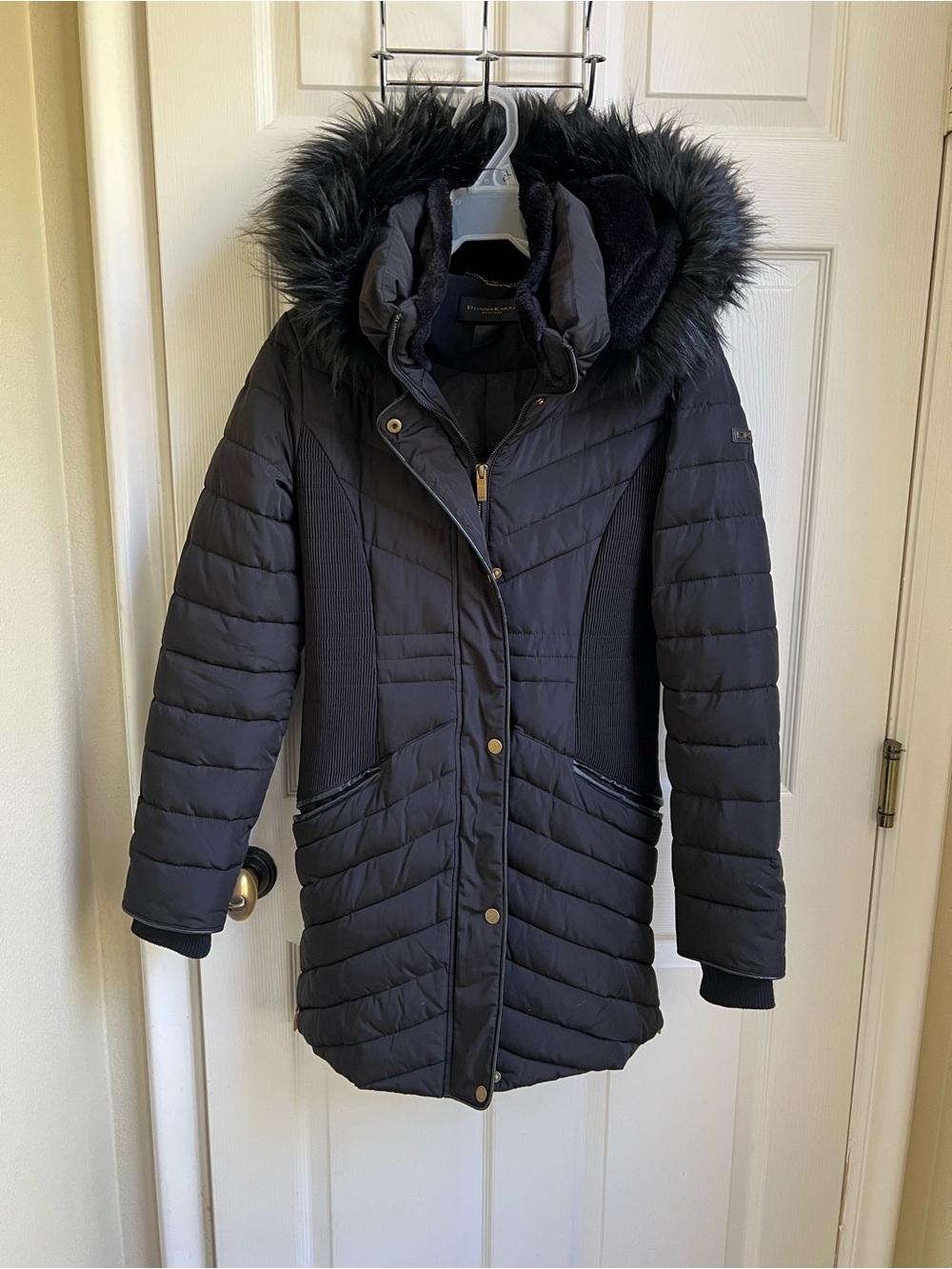 Donna Karan Black Quilted Hooded Puffer Coat with Faux Fur Trim